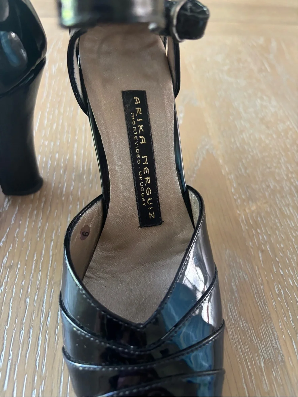 Black Patent 100% Genuine Leather Peep-Toe Ankle Strap Heels